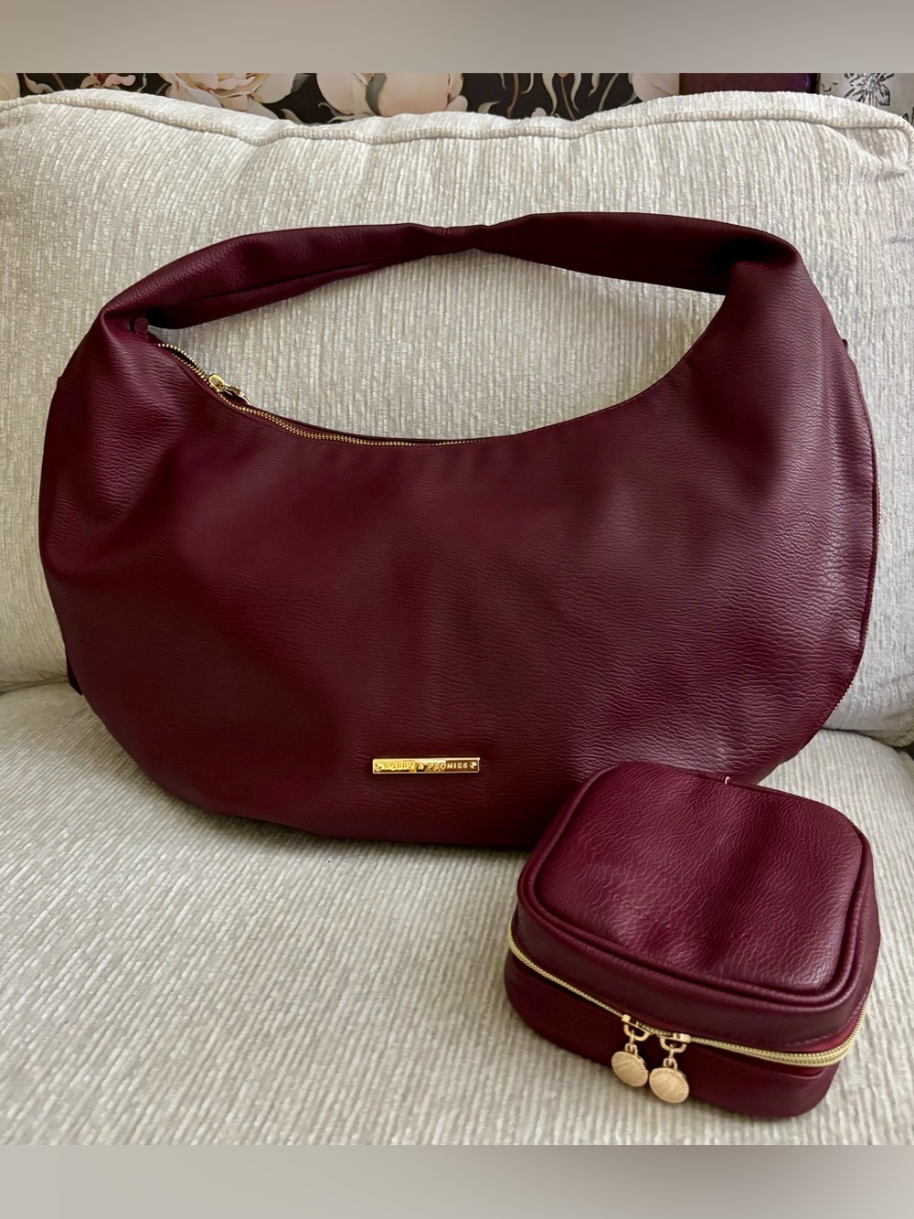 Poppy & Peonies Burgundy Hold-All Hobo Bag + Teched Out Case Set NWOT